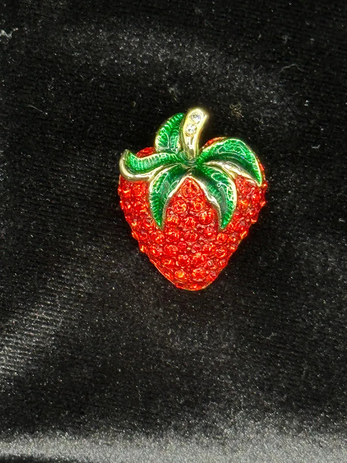 Vintage Strawberry Brooch Red Rhinestone Pave Enamel Leaves Gold Tone Fruit Pin Whimsical Statement