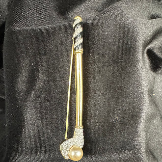 Swarovski Signed Gold Tone Golf Club Figural Brooch with Faux Pearl and Crystal Pave