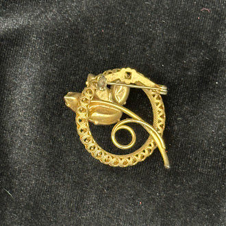 Gold Tone Filigree Wreath Brooch Pink Marquise Crystal Flower Swirl Stem Pin