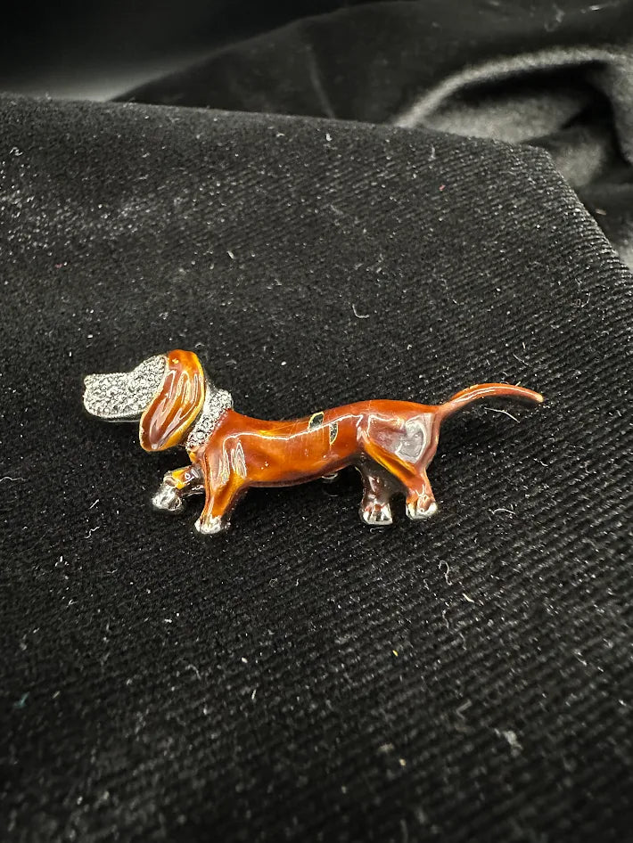 Brown enamel dachshund brooch with clear crystal ear and collar accents