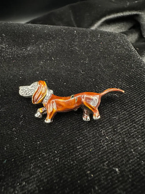 Brown enamel dachshund brooch with clear crystal ear and collar accents