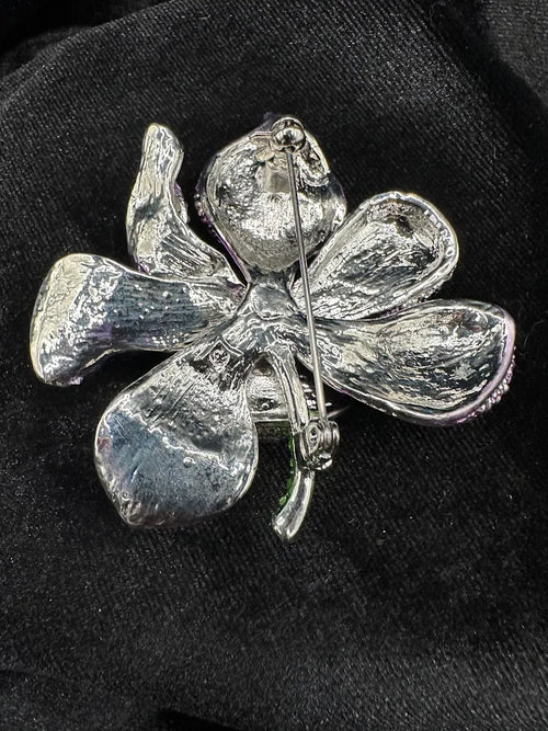 (SOLD) Large Purple Crystal Flower Brooch Rhinestone Floral Statement Pin AB Sparkle Vintage Style