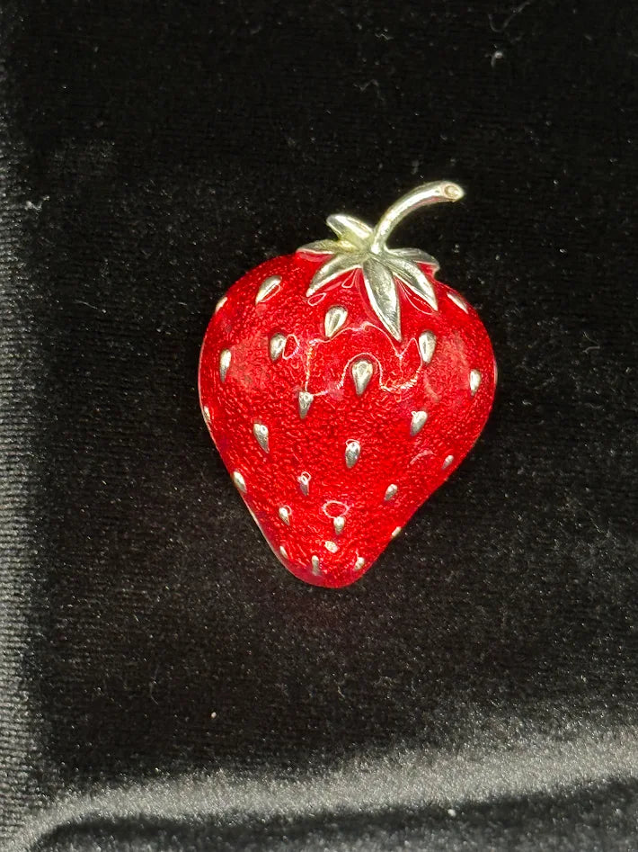 Vintage Red Enamel Strawberry Brooch Silver Tone Textured Fruit Pin Whimsical Statement Jewelry