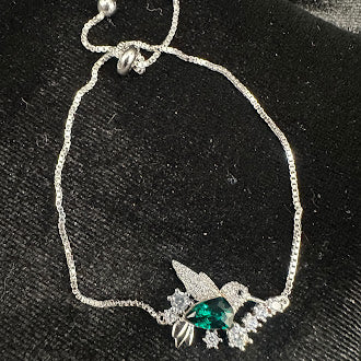 S925 Sterling Silver Green Crystal Bird Bracelet Adjustable Slider Chain Design