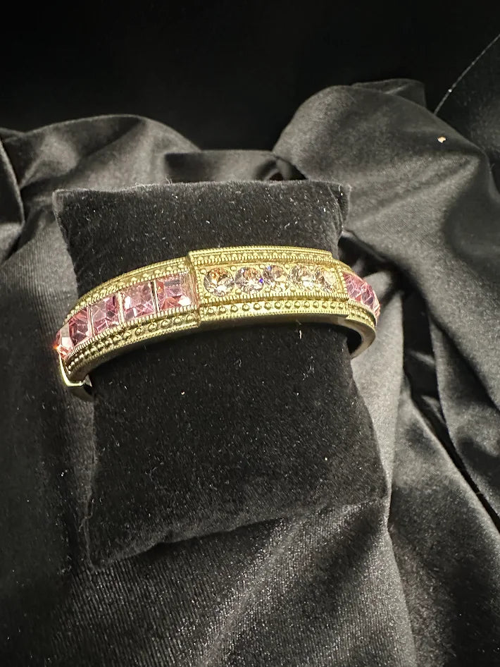Heidi Daus Pink Crystal Bangle Bracelet Gold Tone Hinged Cuff Baguette Rhinestone Designer