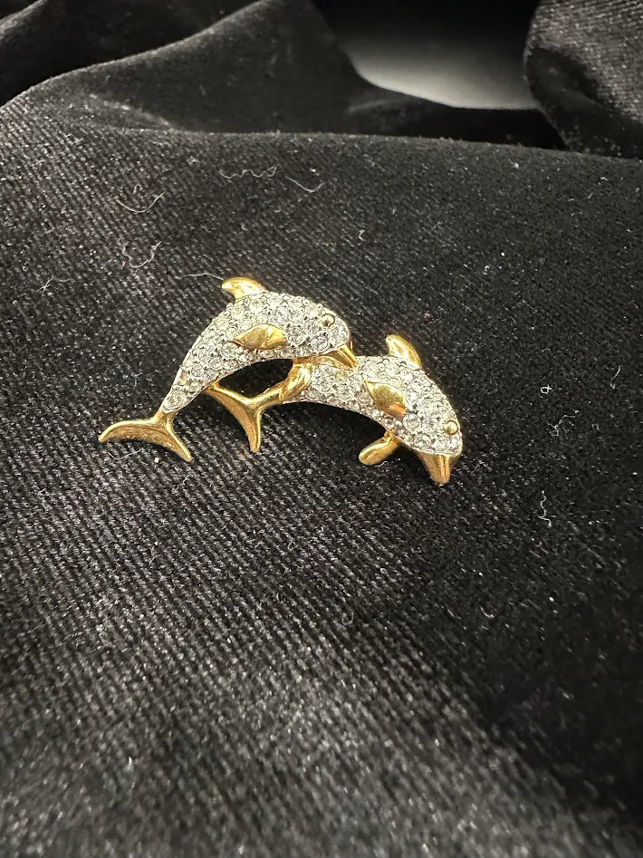Swarovski Dolphin Brooch Double Figural Gold Tone Clear Crystal Rhinestone Pin Coastal Nautical Statement Jewelry