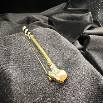 Swarovski Signed Gold Tone Golf Club Figural Brooch with Faux Pearl and Crystal Pave