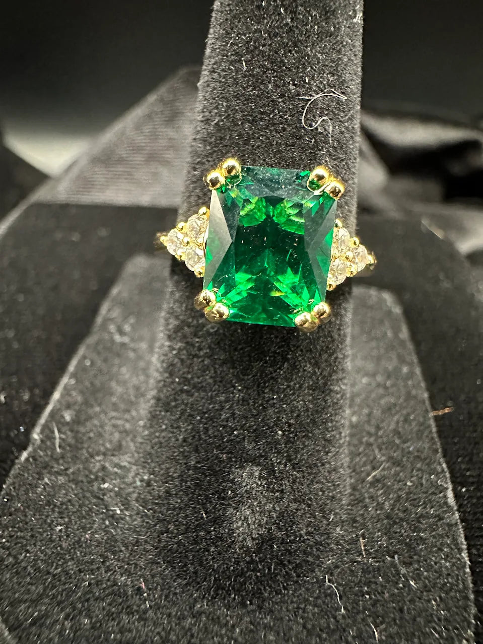 Gold Tone Green Crystal Ring Trillion Accent