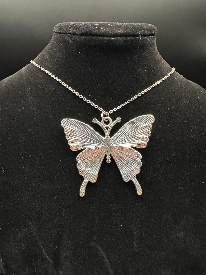 Large Crystal Butterfly Statement Necklace Silver Tone Pave Rhinestone Pendant Elegant Bold