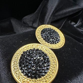 Richard Kerr Gold Tone Black Rhinestone Statement Clip Earrings Large Round Domed Designer Vintage