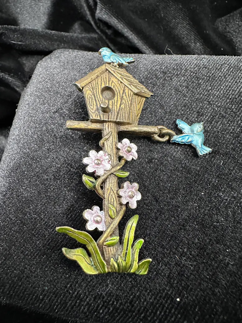 JJ Enamel Birdhouse Brooch Blue Bird Floral Garden Pin Vintage Jonette Jewelry Nature Statement