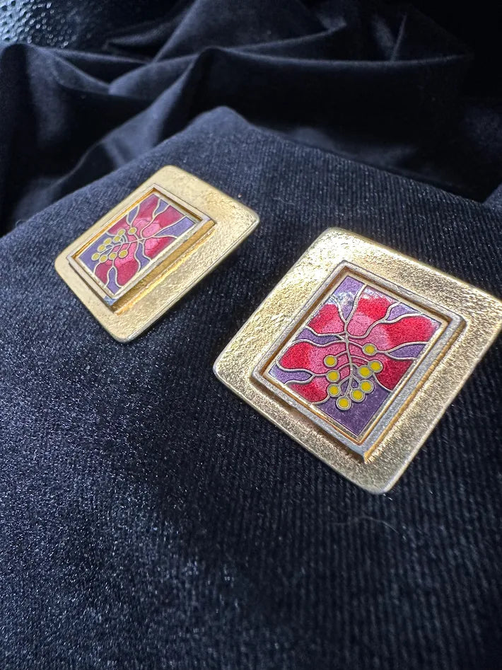 Laurel Burch Enamel Floral Clip Earrings Gold Tone Rectangular Panel French Clip Vintage Signed