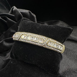Heidi Daus Crystal Bangle Bracelet Gold Tone Hinged Cuff Clear Rhinestone Statement Designer