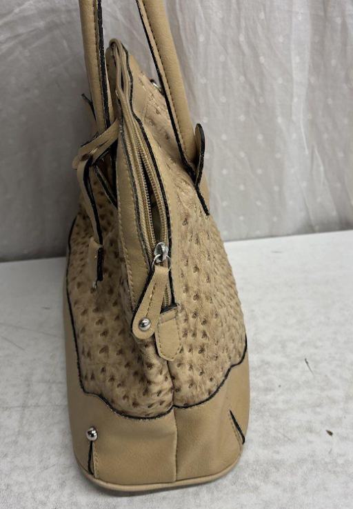 London Fog Taupe Ostrich Embossed Dome Satchel Top Handle Bag Zip Closure Neutral Purse