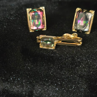 Swank gold tone cufflinks and tie clip set with iridescent mystic stone