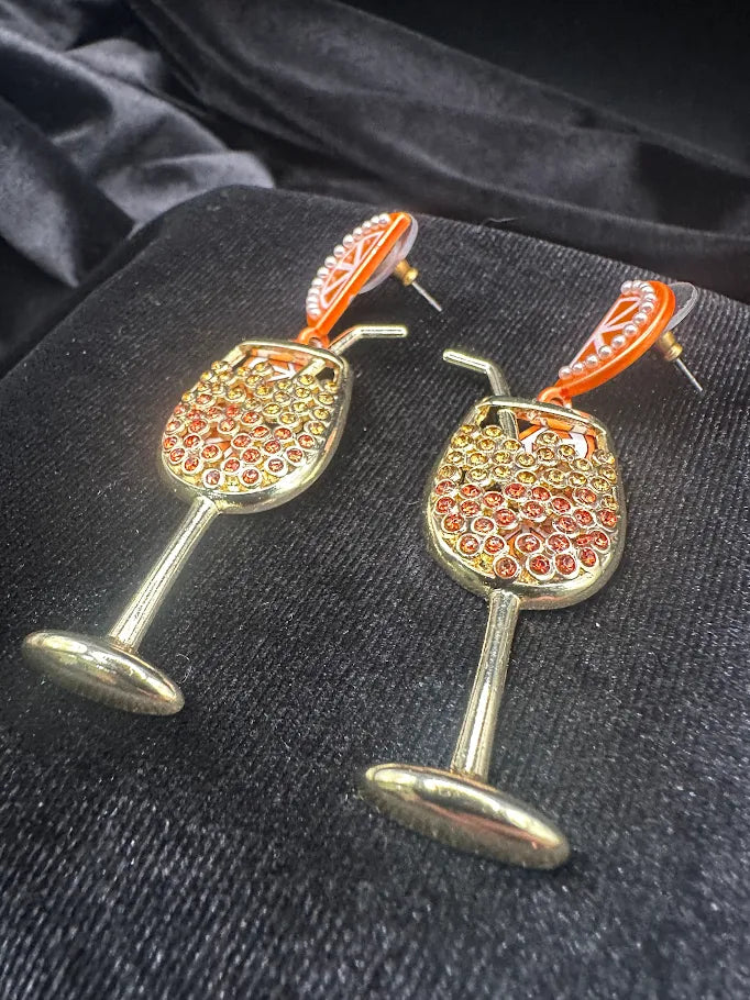 Cocktail Drop Earrings Gold Tone Orange with Crystal Detail