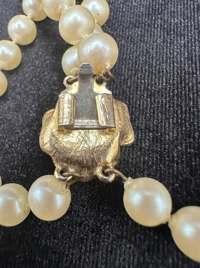 Vintage Triple Strand Pearl Style Necklace with Gold Floral Centerpiece