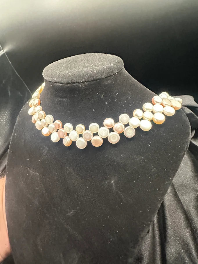 Ivory Blush Coin Pearl Style Multi Strand Collar Necklace