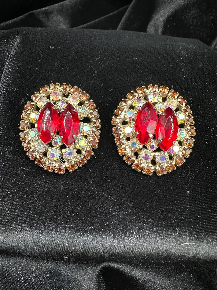 Gold Tone Red Marquise Crystal Cluster Clip Earrings Aurora Borealis Rhinestone Halo Vintage Statement Jewelry
