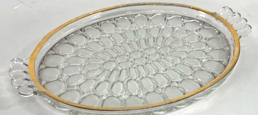 Jeannette Thumbprint Glass Beverage Set Gold Rim Pitcher Glasses Tray Vintage