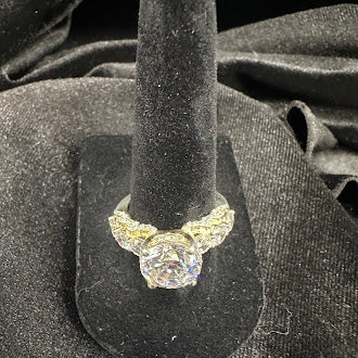 Gold Tone Crystal Statement Ring Large Round Center Multi Stone Band Silver Tone Setting Bold Cocktail Ring