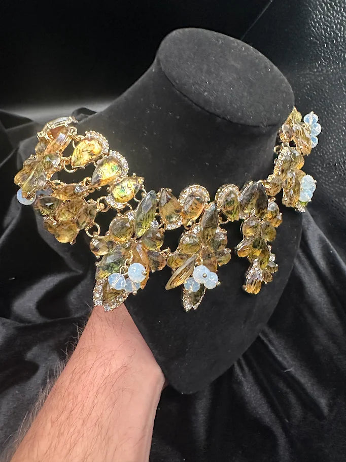 Gold Tone Floral Crystal Statement Collar Necklace
