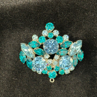 Austria Silver Tone Blue And Teal Rhinestone Brooch Pendant Drop Signed Mid Century Pin