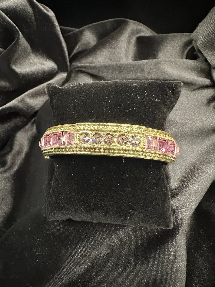 Heidi Daus Pink Crystal Bangle Bracelet Gold Tone Hinged Cuff Baguette Rhinestone Designer