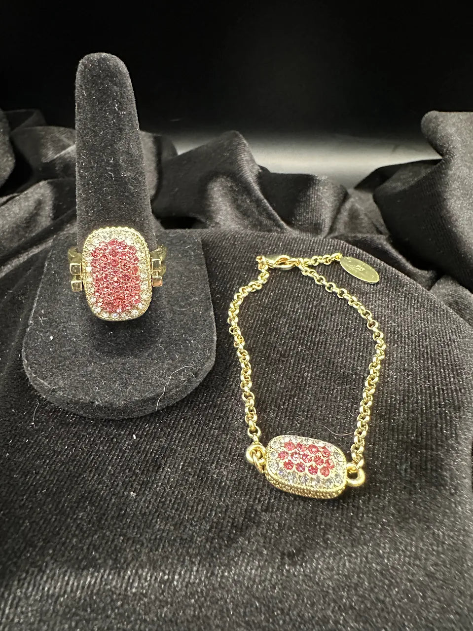 Heidi Daus Reversible Crystal Ring & Bracelet Set Red Pink Pave Statement Designer Jewelry