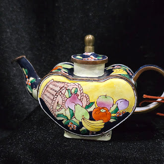 Kelvin Chen Enamel on Copper Miniature Teapot Hand Painted Fruit Basket Design Numbered 1998 with Box Certificate
