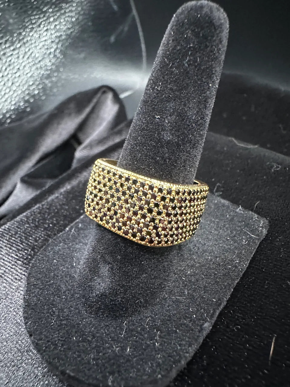 Gold Tone Black Crystal Square Statement Ring Wide Cocktail Design