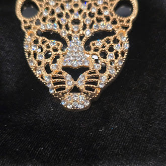 Gold tone rhinestone leopard face brooch openwork cat head pin