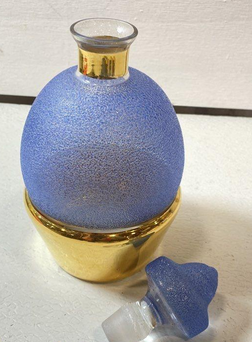 Textured Frosted Blue Glass Decanter Set with Gold Base, 7-Piece Barware Set, Vintage Modern Cocktail Set