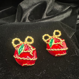 Don-Lin Gold Tone Red Enamel Christmas Gift Clip Earrings Holiday Ribbon Bow Vintage Statement