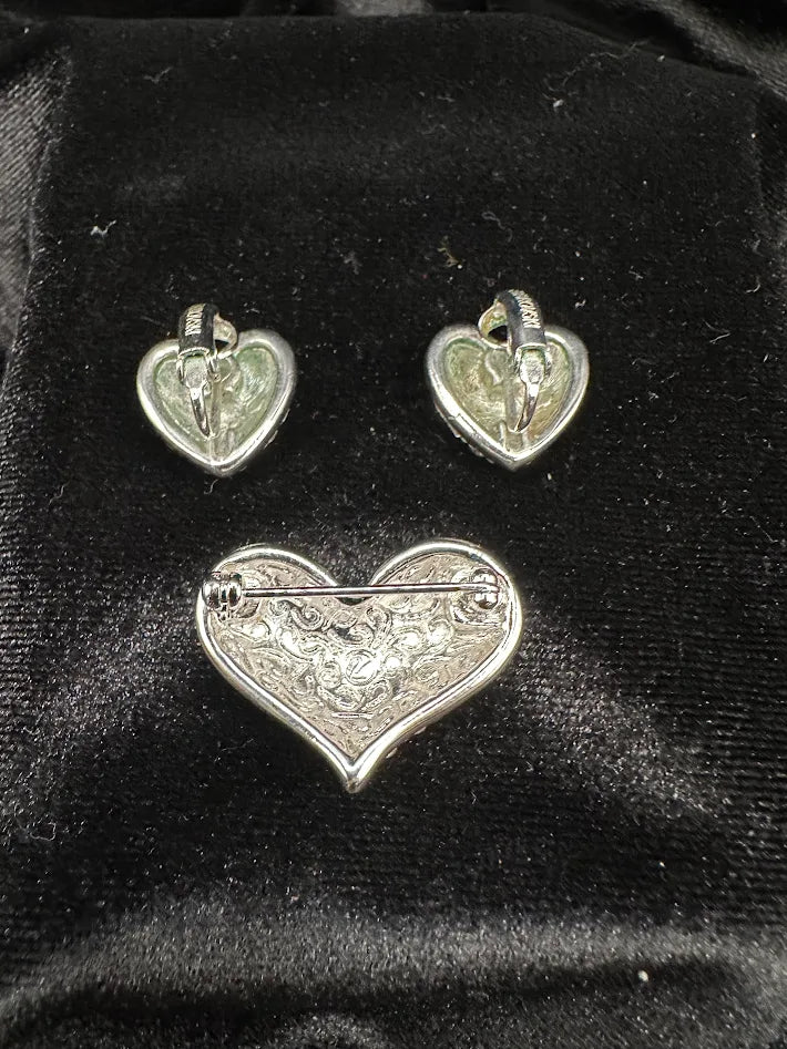 Swarovski Crystal Heart Brooch and Earrings Set Signed Swan Silver Tone Rhinestone Pave Matching Jewelry Romantic Gift