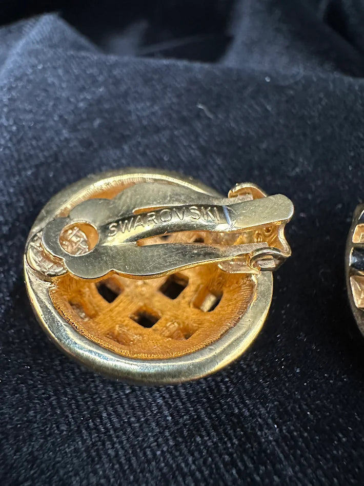 Swarovski Crystal Clip Earrings Gold Tone Black Enamel Woven Dome Rhinestone Vintage Signed