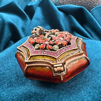 Gold Tone Ladybug Enameled Trinket Box | Rhinestone Accent UV Reactive Decorative Box