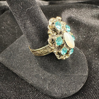 Vintage Style Turquoise Blue Crystal Cluster Ring Adjustable Cocktail Statement Ring with Oval White Center Stone Silver Tone Filigree