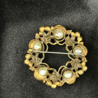Gold tone faux pearl brooch trio; basket w flowers, wreath and purse with pearl flowers vintage set