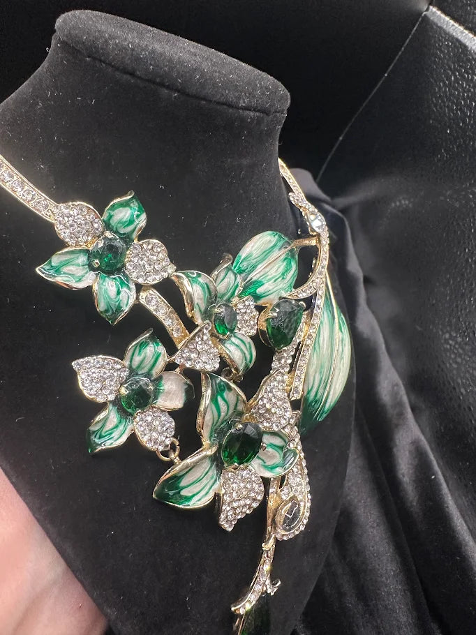 Green Enamel Floral Crystal Statement Necklace