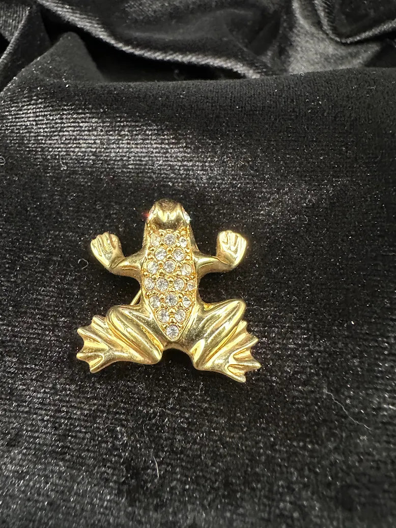 Swarovski Gold Tone Crystal Frog Brooch Vintage Designer Rhinestone Animal Pin