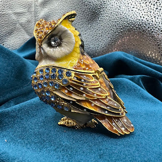 Rhinestone Owl Magnetic Trinket Box | Blue Amber Crystal Enamel Finish Figurine