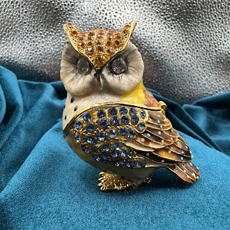 Rhinestone Owl Magnetic Trinket Box | Blue Amber Crystal Enamel Finish Figurine