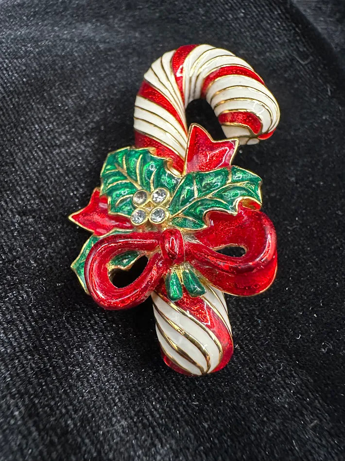 Vintage Style Candy Cane Christmas Brooch Red White Enamel Holly Bow Gold Tone Pin