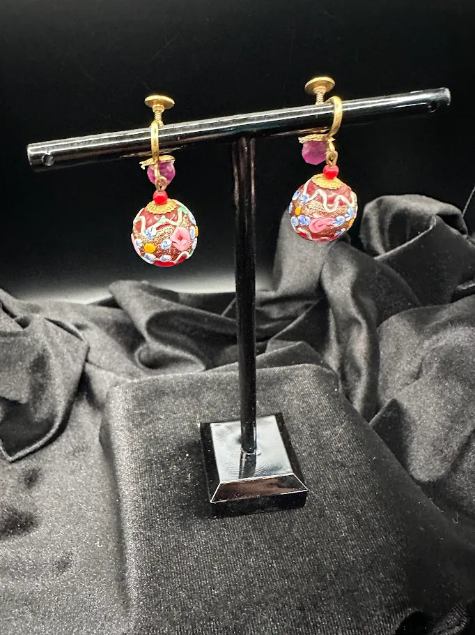 Vintage Venetian Style Painted Bead Dangle Earrings with Pink Crystal Accents and Gold Tone Hooks