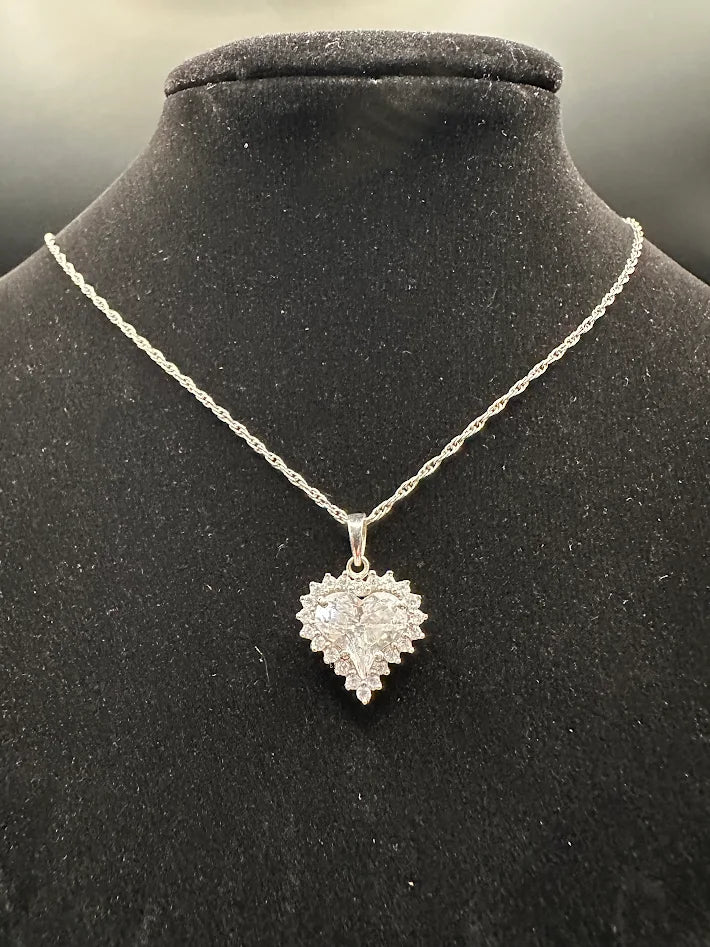Silver Tone Crystal Heart Pendant Necklace Layered Pave Rhinestone Vintage Style Elegant