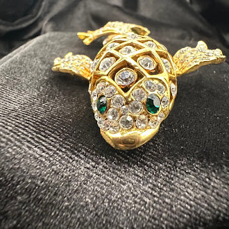 Gold Tone Jeweled Fish Brooch Crystal Lattice Body Green Eye Figural Pin