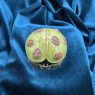 Green Ladybug Trinket Box with Floral Trim | Rhinestone Accent Enamel Figurine Box