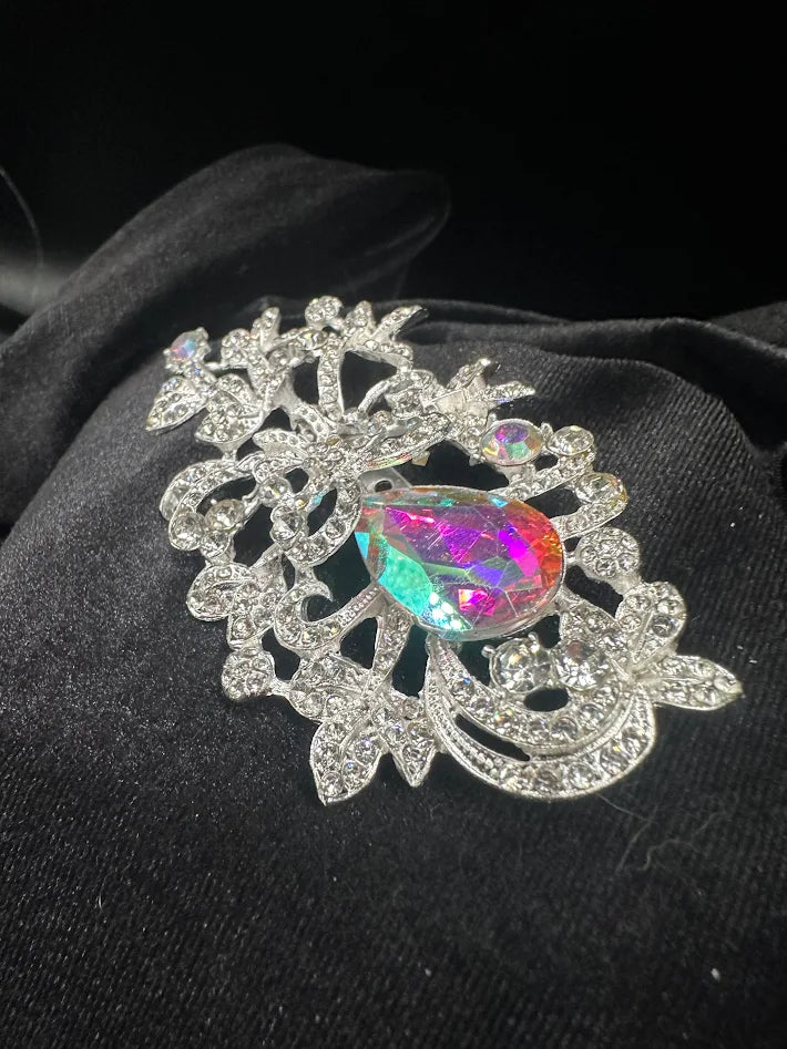 Large Iridescent Crystal Statement Brooch Silver Tone Filigree Vintage Style Art Glass Rhinestone Pin