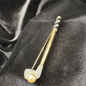 Swarovski Signed Gold Tone Golf Club Figural Brooch with Faux Pearl and Crystal Pave